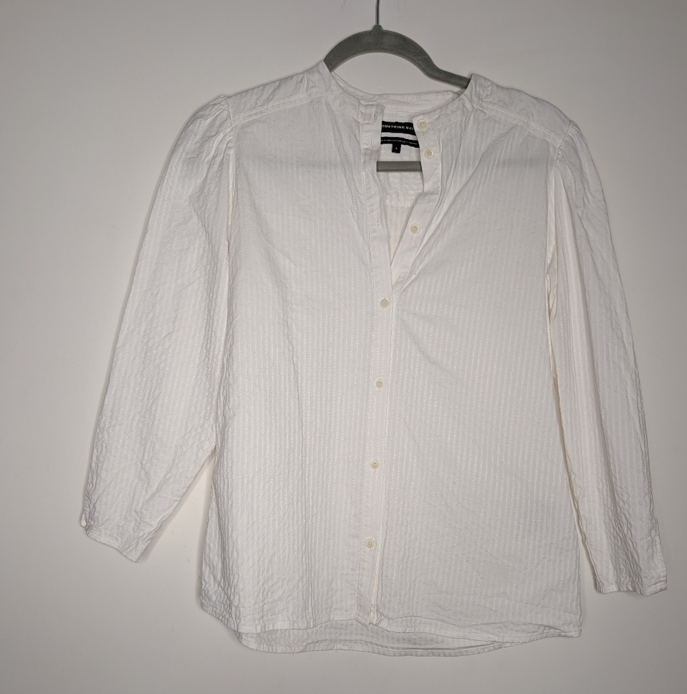 🤍 Something Navy White Textured Button-Front Blo… - image 2